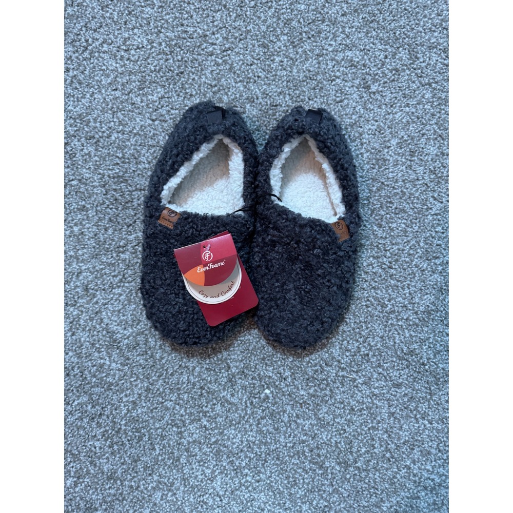 EverFoams Womens Sherpa Fleece Slippers Dark Grey House Shoes US 9-10 NEW